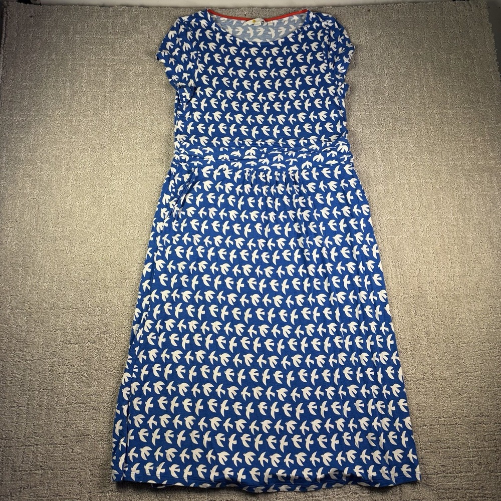 Boden Bernice Blue Swallow Bird Print Jersey Midi Sleeve Pocket Dress US 12 L